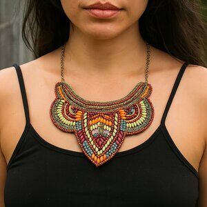 Vintage Beaded Bib Necklace Boho Statement Collar Earth Tone Festival Jewelry OS